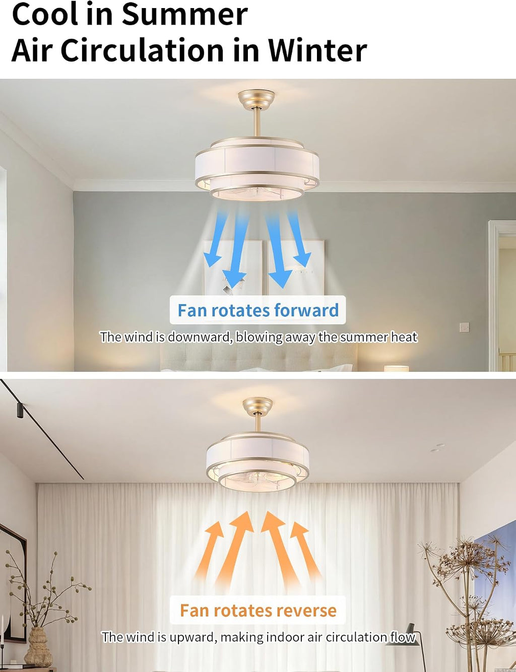 20' Caged Ceiling Fans with Lights and Remote, Fandelier Ceiling Fan with Light, Modern Bladeless Quiet Reversible Motor 6 Speeds for Bedroom, Nursery, Living Room, Gold