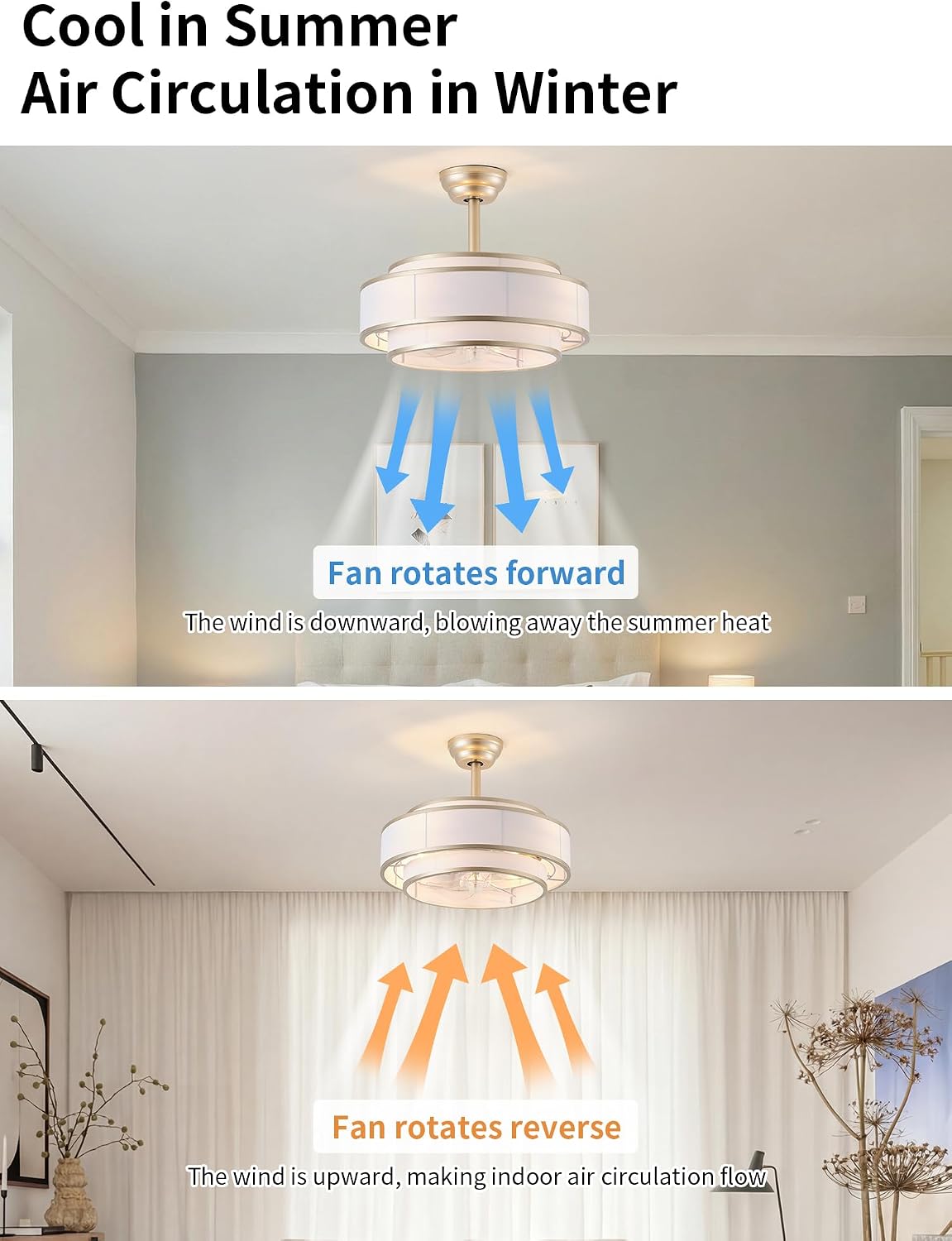20' Caged Ceiling Fans with Lights and Remote, Fandelier Ceiling Fan with Light, Modern Bladeless Quiet Reversible Motor 6 Speeds for Bedroom, Nursery, Living Room, Gold