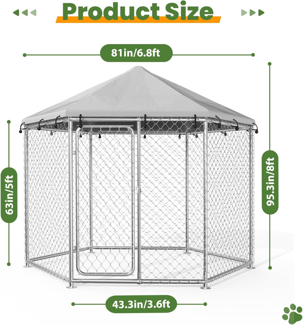 6.8x6.8 FT Extra Large Outdoor Dog Kennel Outside, Heavy Duty Outdoor Dog Enclosure with Waterproof Cover and Security Lock, Galvanized Wire Mesh Hexagonal Dog Cage for Large Dogs
