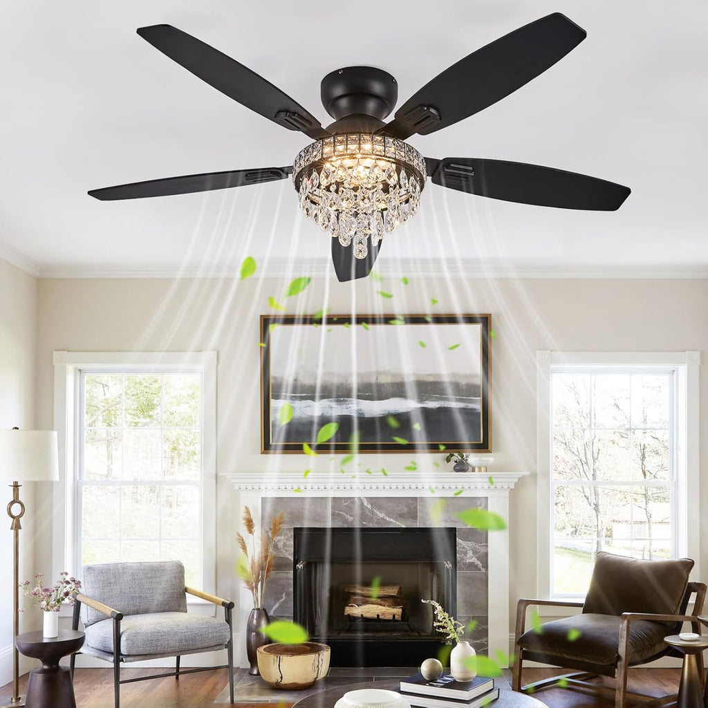 Crystal Ceiling Fan Fandelier with Lights-Ceiling Fans with Lights,54' Low Profile and Remote Control, Flush Mount, Reversible, Dimmable, Noiseless, Black Ceiling Fan for Bedroom