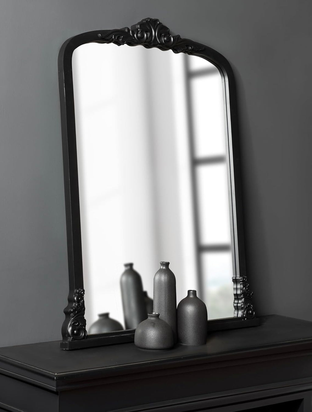 Kate and Laurel Barberry Vintage Decorative Tall Arched Mirror, 28 x 35, Black, Large Antique Statement Arch Mirror for Mantel Mirror or Bathroom Mirror for Over Sink