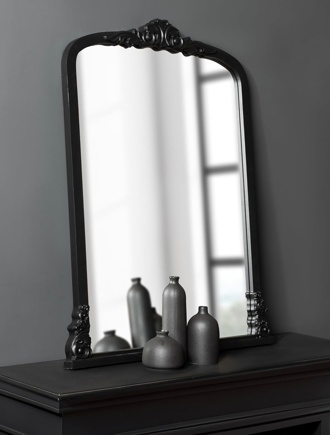 Kate and Laurel Barberry Vintage Decorative Tall Arched Mirror, 28 x 35, Black, Large Antique Statement Arch Mirror for Mantel Mirror or Bathroom Mirror for Over Sink