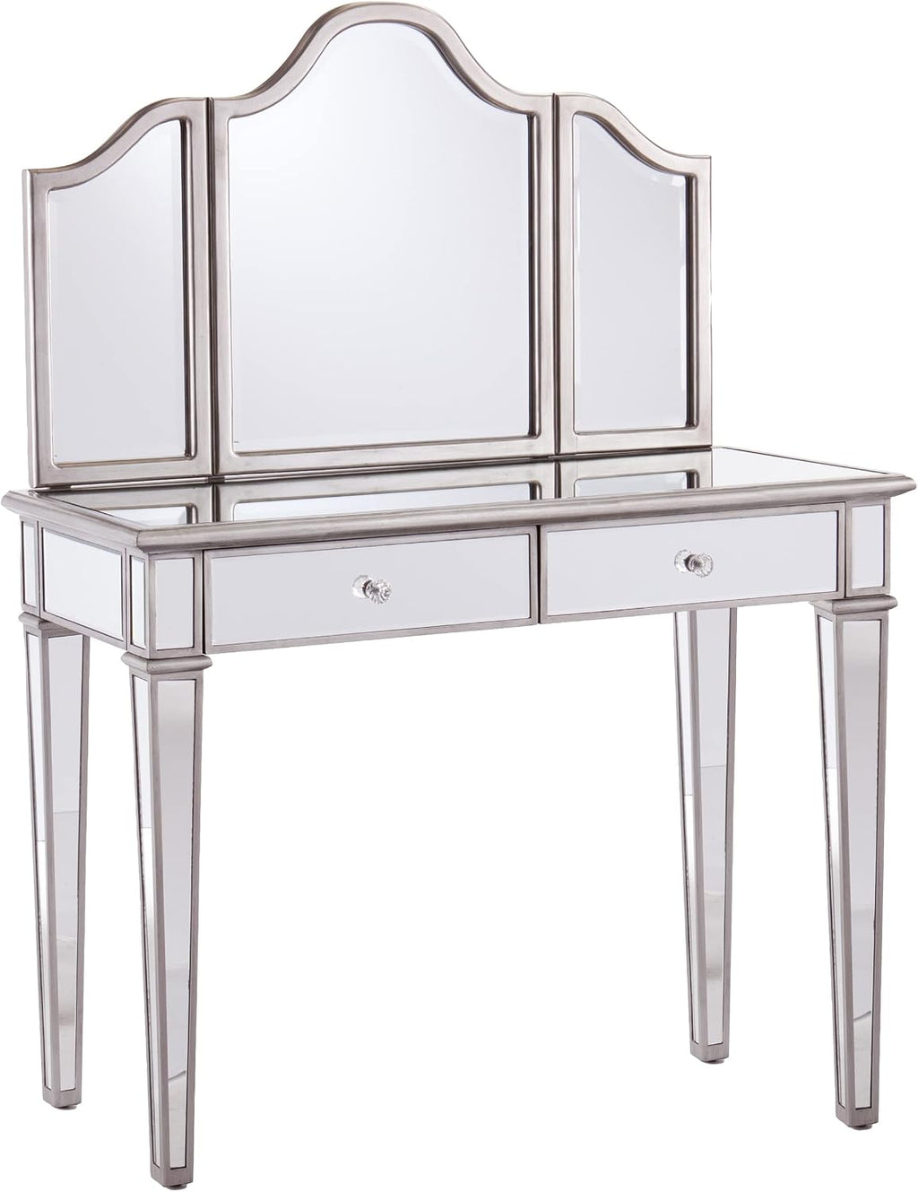 SEI Furniture - Kalla Mirrored Vanity Set with Storage - 2 Piece - Silver - Transitional Design - Ideal for Bathroom, Master Suite (HZ7581)