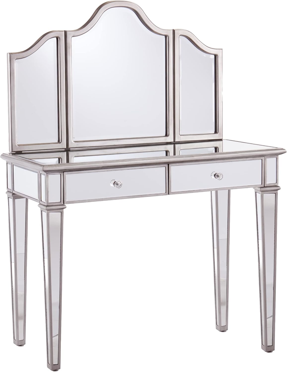 SEI Furniture - Kalla Mirrored Vanity Set with Storage - 2 Piece - Silver - Transitional Design - Ideal for Bathroom, Master Suite (HZ7581)