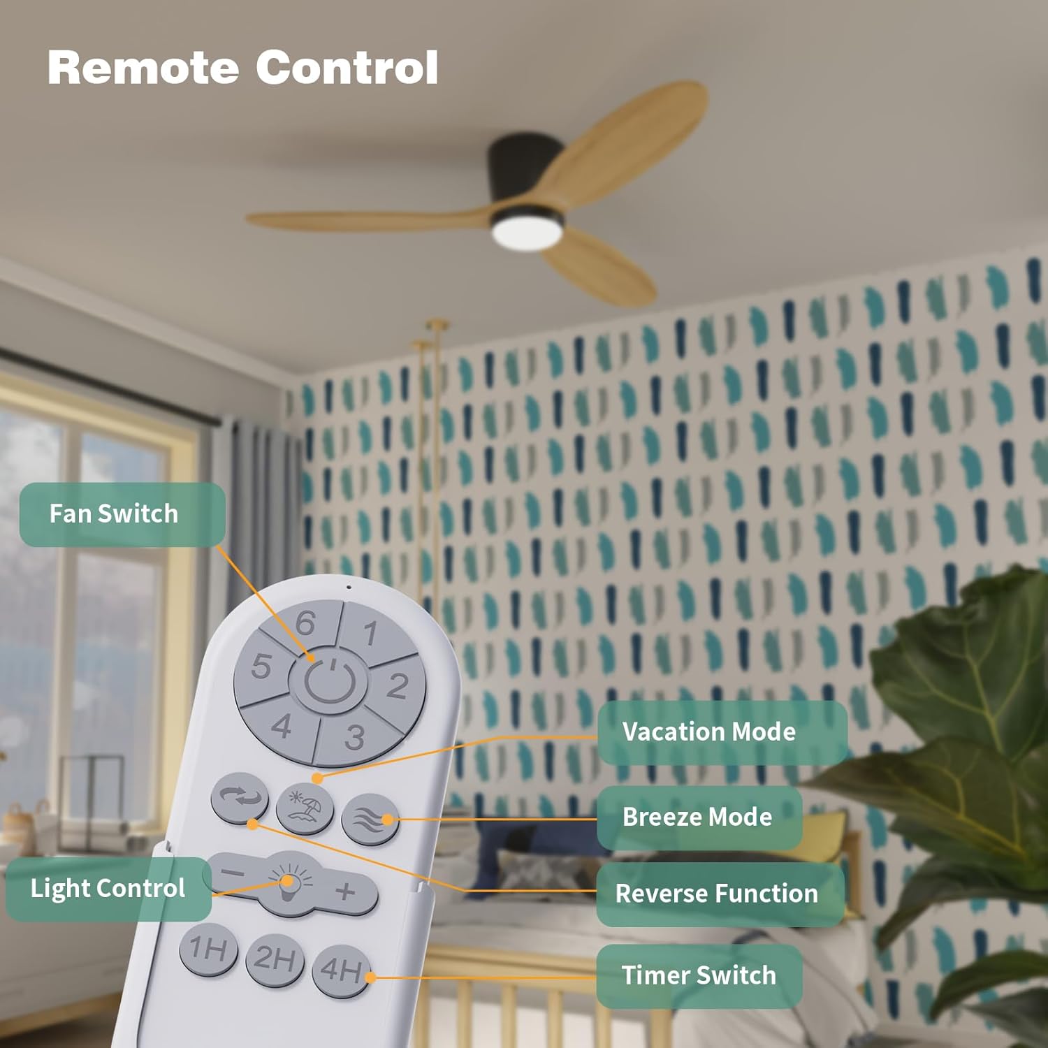 Flush Mount Ceiling Fan with Light, 52 inch Low Profile Ceiling Fans with Remote for Outdoor/Patios, 3 Color Light, 6 Speed, DC Motor, Wood and Modern Matte Black