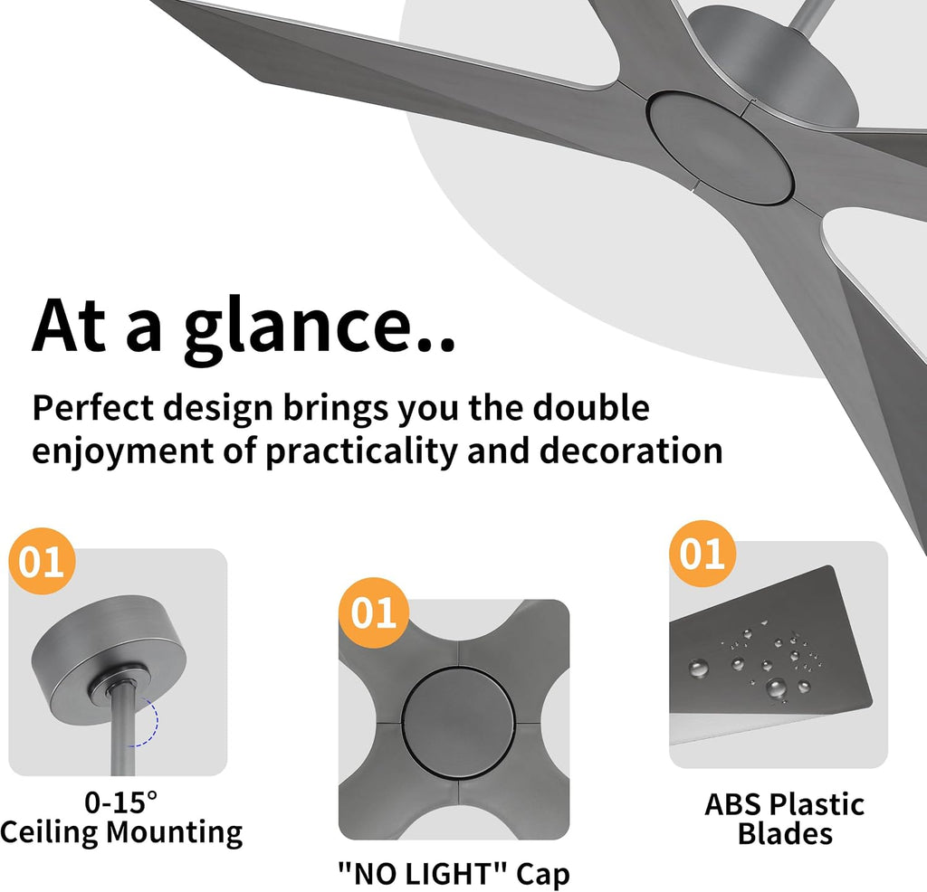 WINGBO 54' Wet Rated Outdoor Ceiling Fan without Lights, 4 ABS Plastic Blades, 6-Speed Reversible Quiet DC Motor, Waterproof Ceiling Fan No Lights for Patio Porch Gazebo Garage, Brushed Graphite