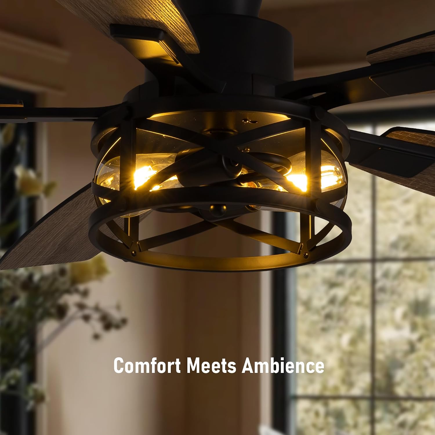 50 Inch Flush Mount Black Caged Ceiling Fan with Lights, Low Profile Farmhouse Ceiling Fan for Bedroom Living Room and Patio, Ceiling Fans and Remote Control for Indoor and Outdoor