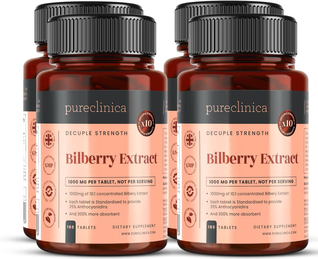 pureclinica Bilberry Extract 1000mg (10:1) per Tablet – High Strength Concentrated Formula – 720 Tablets (4 Bottles) – 2 Year Supply