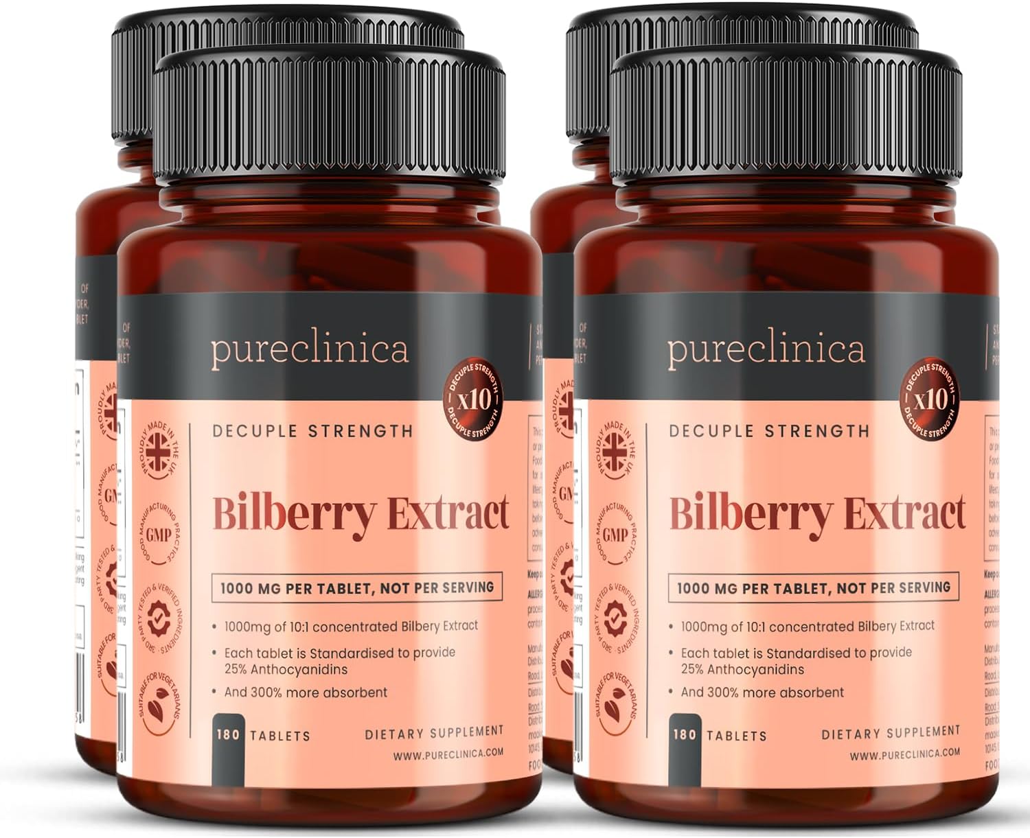 pureclinica Bilberry Extract 1000mg (10:1) per Tablet – High Strength Concentrated Formula – 720 Tablets (4 Bottles) – 2 Year Supply