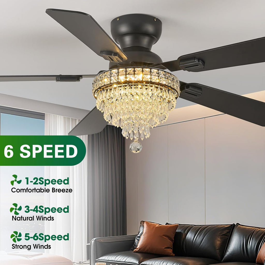 52' Crystal Ceiling Fans with RGB Lights, Remote/App Control, Modern Fandelier Flush Mount, Reversible DC Motor, Dimmable, Noiseless Ceiling Fan for Bedroom, Living Room (Black)