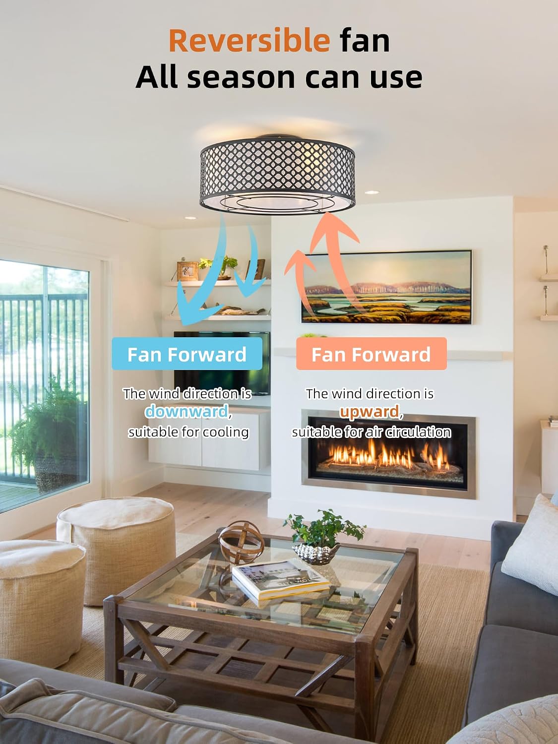 20' Black Ceiling Fan with Light Flush Mount, Caged Boho Ceiling Fans with Lights Remote Control, Round with 6 Speeds for Bedroom, Nursery, Living Room
