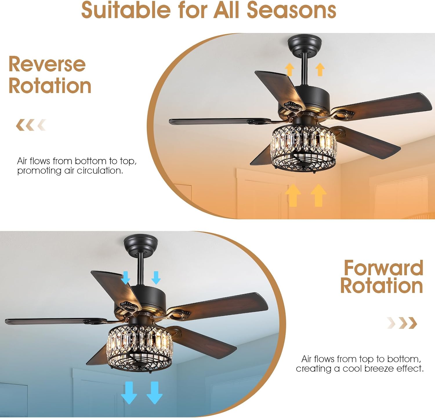 Kviflon Farmhouse Crystal Ceiling Fans with Lights and Remote, 48 Inch Chandelier Ceiling Fans, Black Fandelier Ceiling Fan for Bedroom Living Room, Quiet DC Motor, Reversible, Bulb not Included