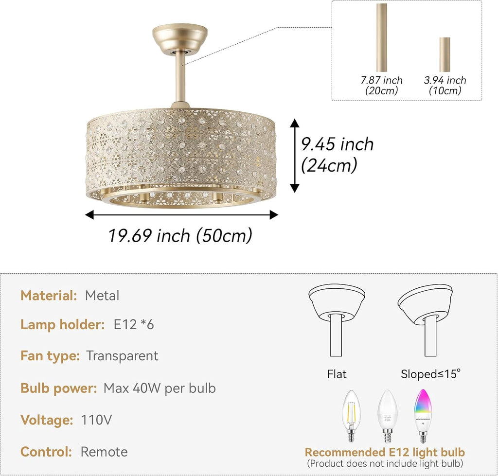 20' Gold Fandelier Crystal Ceiling Fans with Lights, Cage Gold Chandelier Ceiling Fan with Light Remote Control, 6-Speed for Bedroom, Nursery, Foyer, Living Room