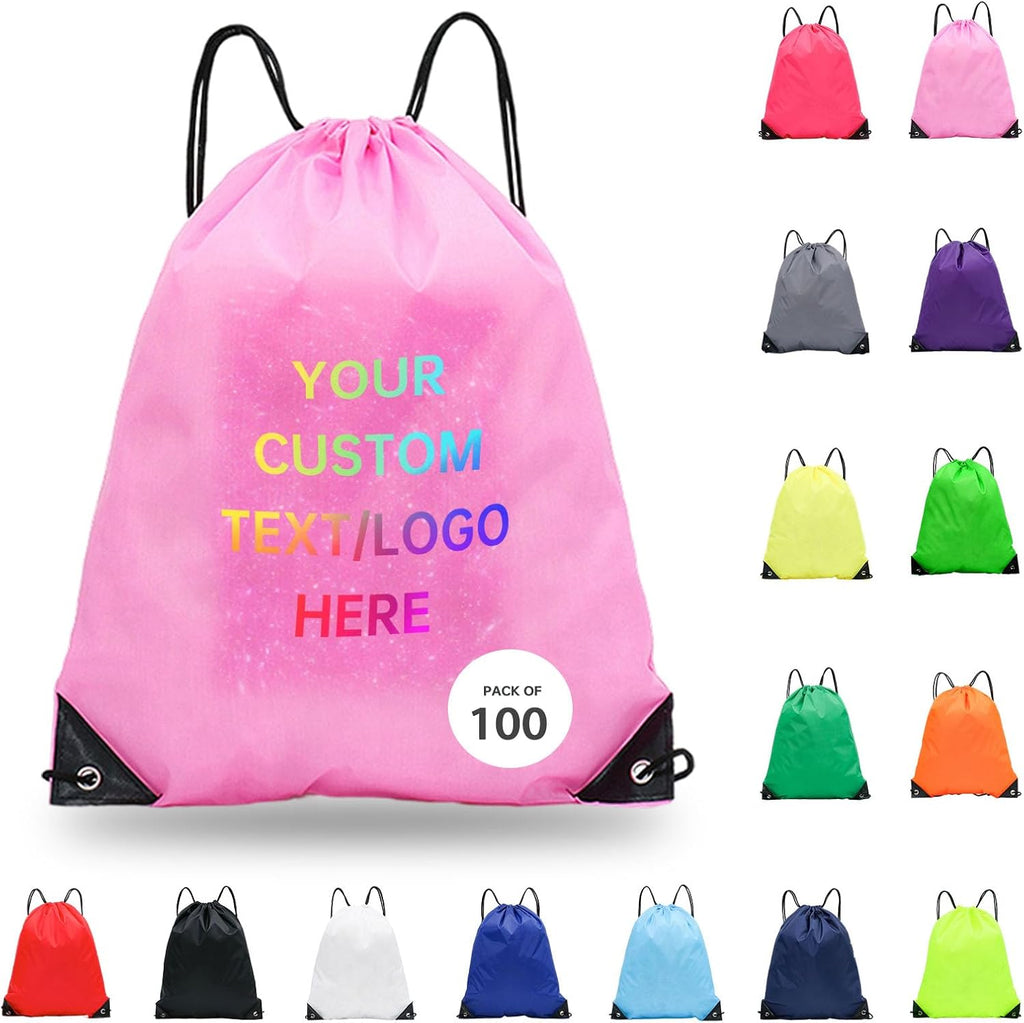 JEOHLORY pack of 100 Custom Bags With Your Logo,customized backpack,promotional items,Drawstring Backpacks,Great for Everyday Use (Custom Pink)