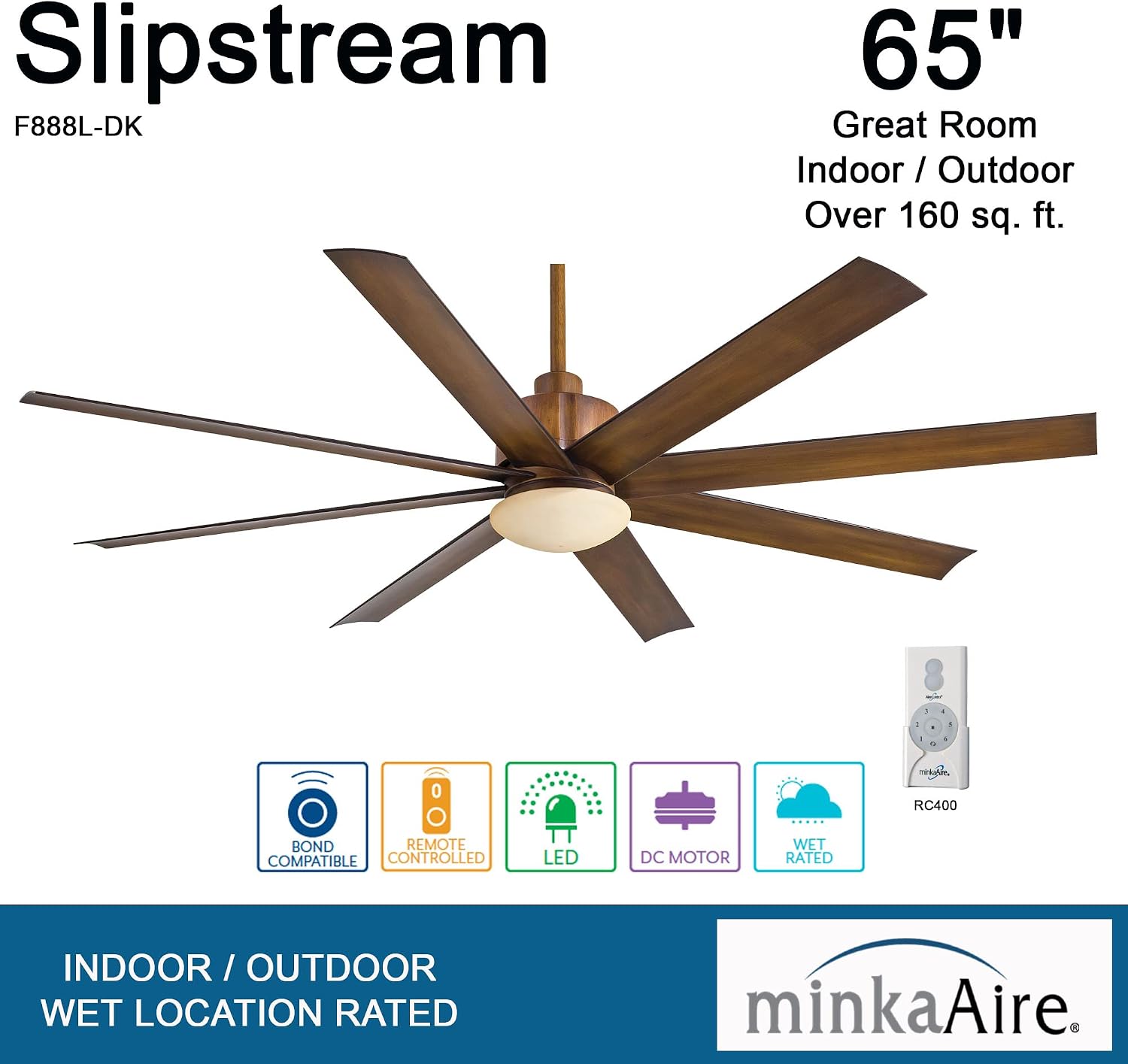 MINKA-AIRE F888L-DK Slipstream 65' 8-Blade LED Ceiling Fan in Distressed Koa Finish with Distressed Koa Blades and Tinted Opal Glass