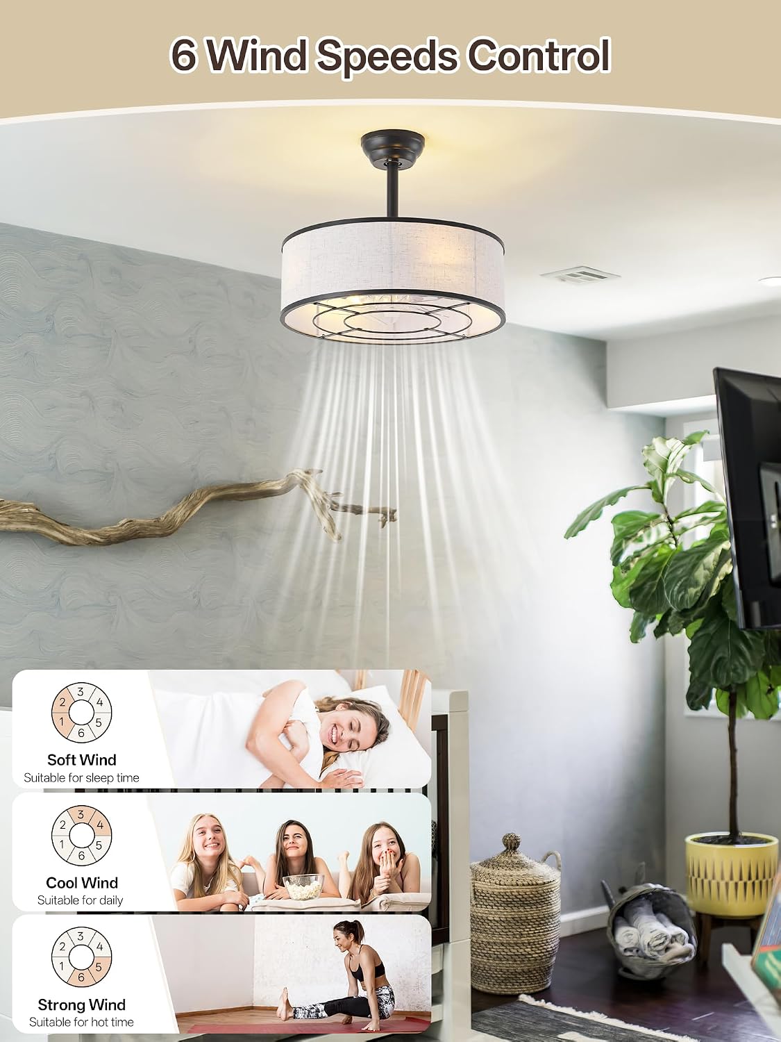 20' Black Caged Boho Fandelier Ceiling Fan with Light & Remote Control - Bladeless Chandelier Fan, 6 Speed Quiet Reversible Motor for Bedroom, Nursery, Living Room