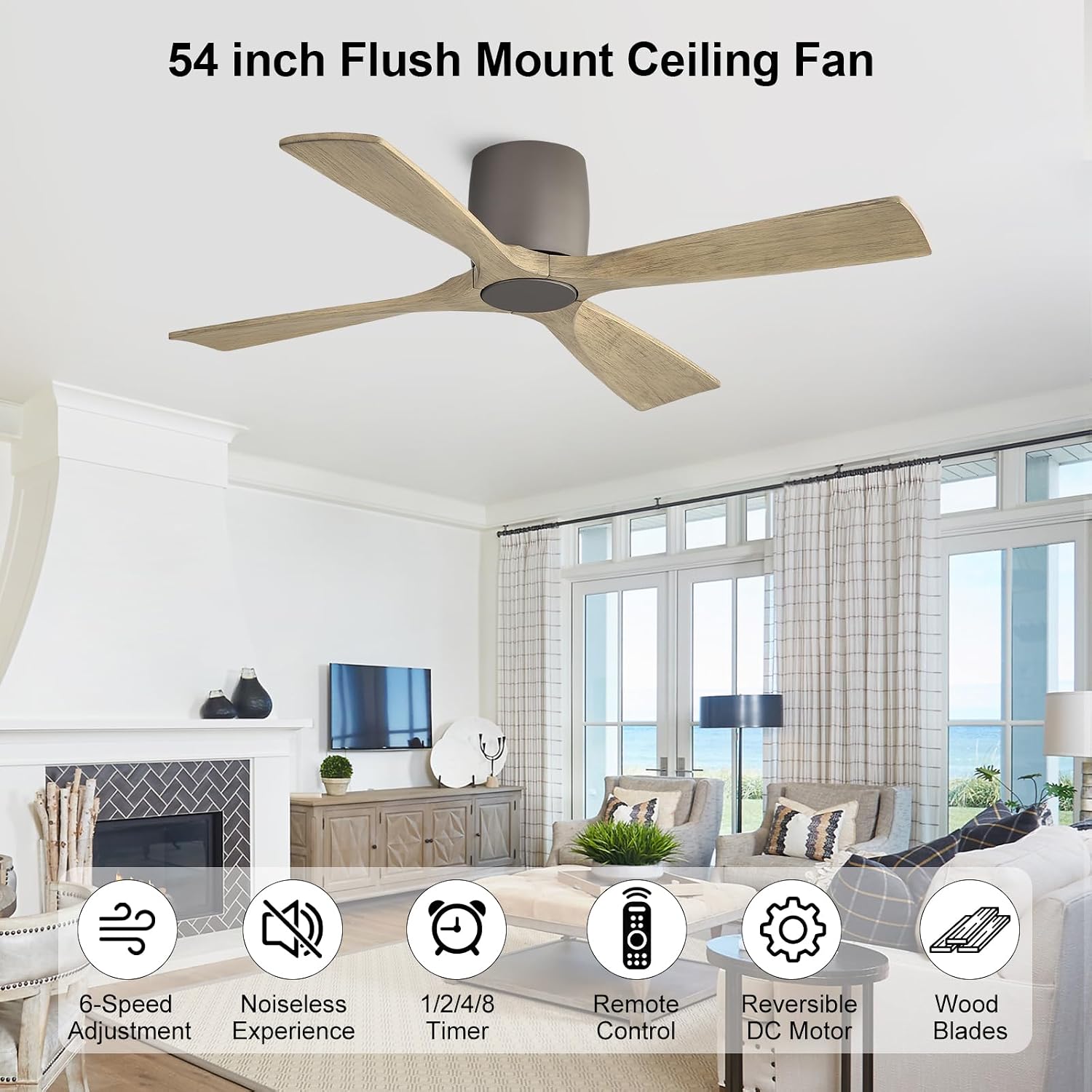 WINGBO 54 Inch Ceiling Fan Without Light, Solid Wood Flush Mount Ceiling Fan with Remote Control, Reversible Quiet DC Motor, 4 Blades,6-Speed, for Bedroom & Living Room, Graphite Finish +Gray Blade