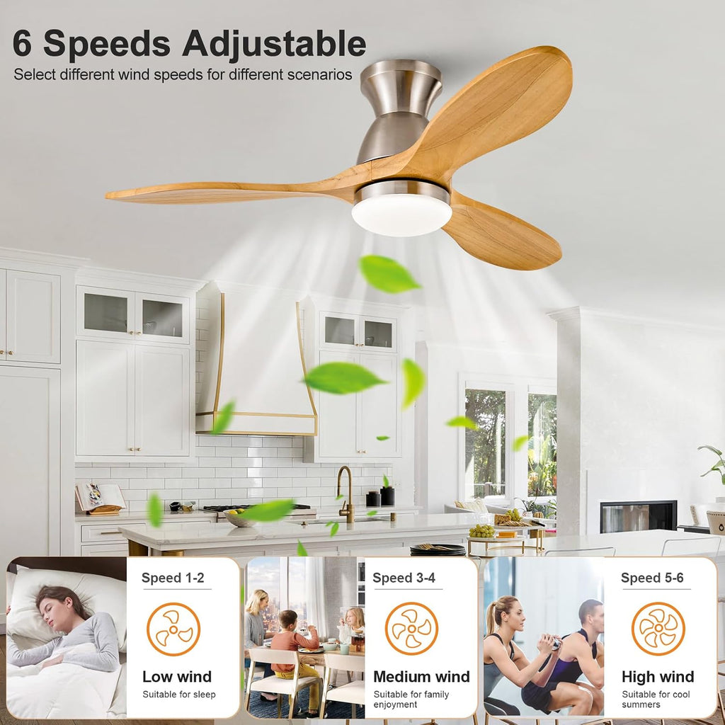 42 Inch Flush Mount Ceiling Fans with Lights and Remote, Dimmable 3 Blade Wood Bedroom Ceiling Fan with Lights Low Profile Ceiling Fan with Light Brushed Nickel Outdoor Ceiling Fans for Patios