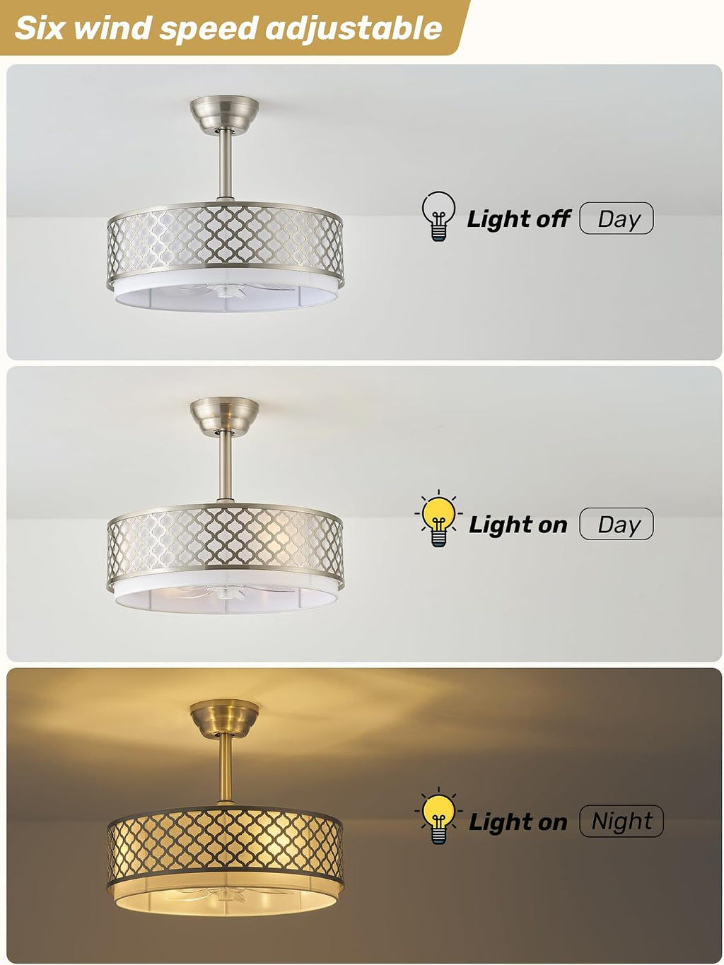 20' Silver Fandelier Ceiling Fan with Lights, Caged Boho Ceiling Fan with Light Remote Control, Rattan with 6 Speeds for Bedroom, Nursery, Living Room