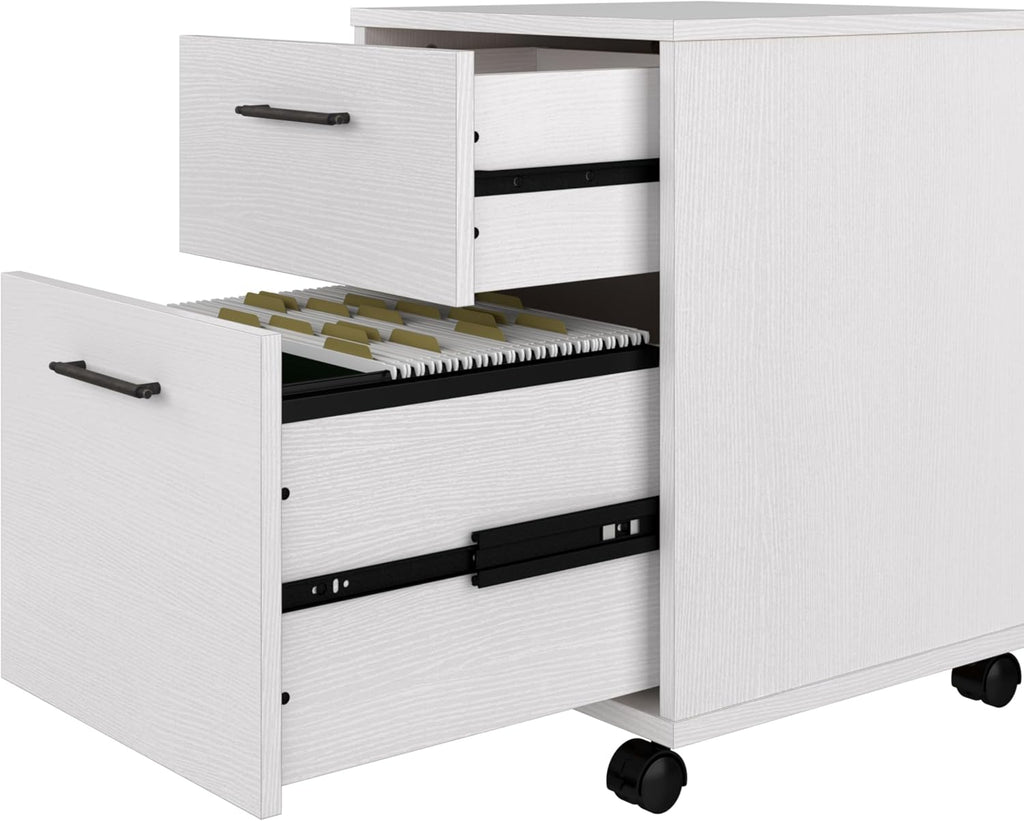 Bush Home Key West 60W L Shaped Desk with File Cabinets and 5 Shelf Bookcase in Pure White Oak