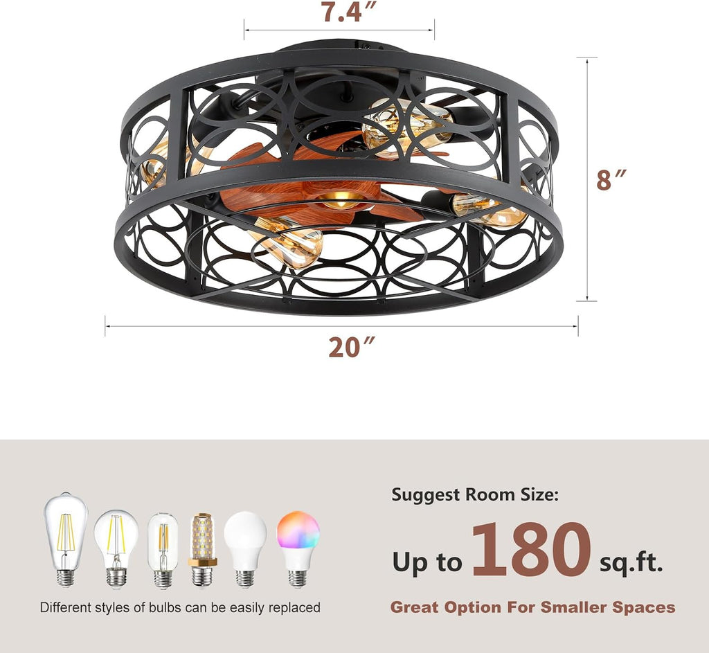 20' Caged Ceiling Fan with Light and Remote，Bladeless Ceiling Fan 6 Speed Reversible with 4 Bulbs and Remote Control.Low Profile Ceiling Fans with Lights for Bedroom, Dining Room