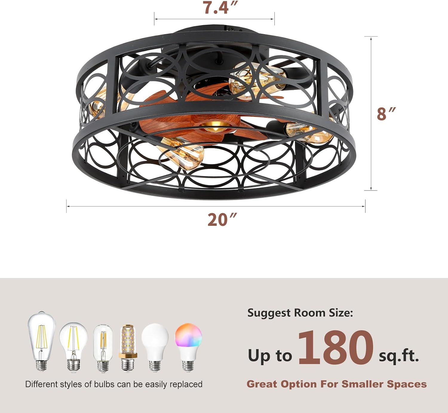 20' Caged Ceiling Fan with Light and Remote，Bladeless Ceiling Fan 6 Speed Reversible with 4 Bulbs and Remote Control.Low Profile Ceiling Fans with Lights for Bedroom, Dining Room