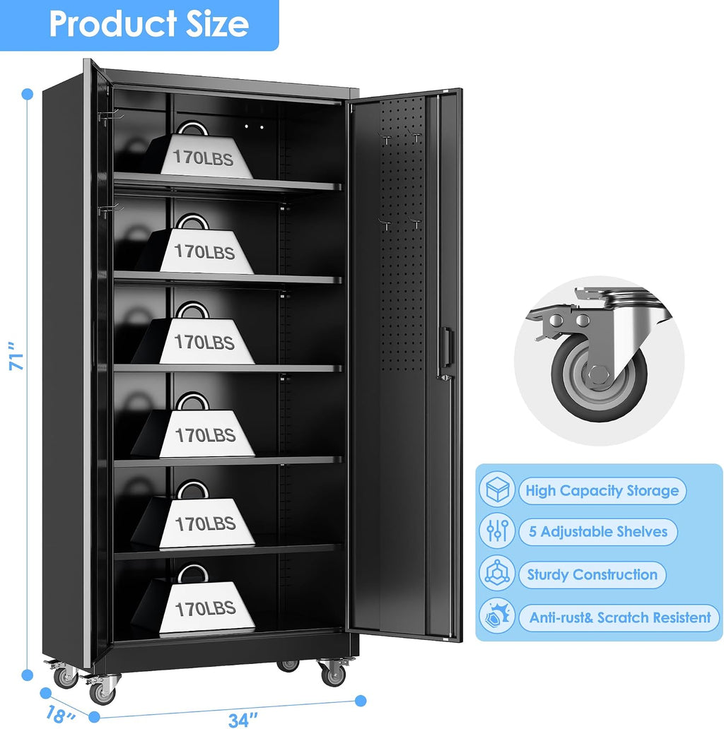 Reemoon Metal Storage Cabinet with Wheels and Pegboard, 71' Tall Garage Storage Cabinet with 5 Adjustable Shelves and Locking Doors, Heavy Duty Steel Utility Cabinet for Office