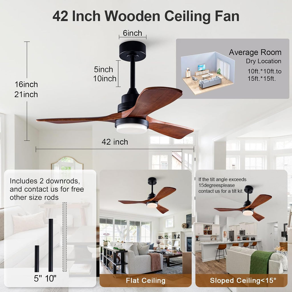 42 Inch Outdoor Ceiling Fans with Lights and Remote Control, Dimmable Outdoor Ceiling Fans for Patios 3 Blade Wood Black Walnut Bedroom Ceiling Fan with Light, Wall Switch