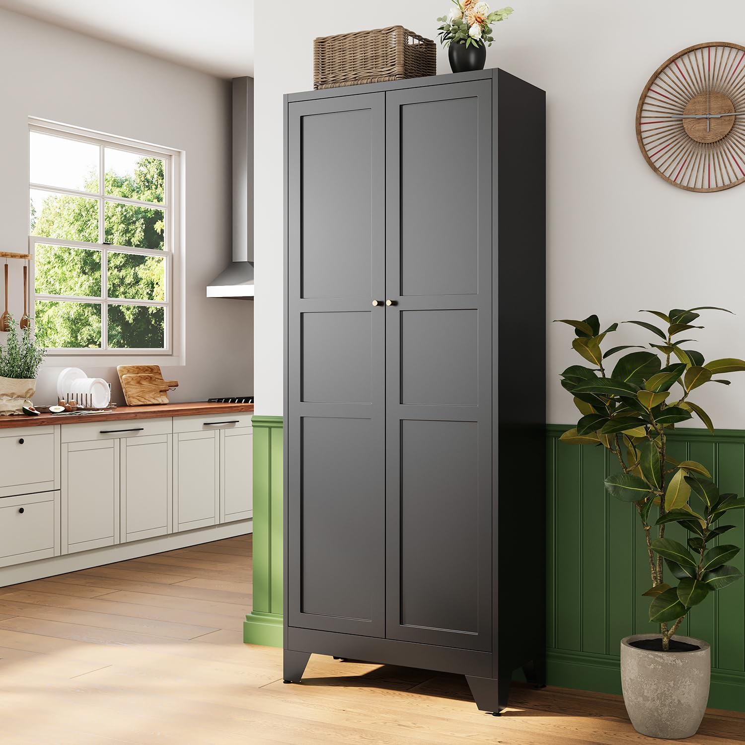 Letaya 75' H Metal Storage Cabinet with 2 Doors and 4 Shelves,Tall Kitchen Pantry Cabinets,Farmhouse Utility Pantry Organizers for Cupboard/Dining/Bathroom/Home Office/Garage Room,Black