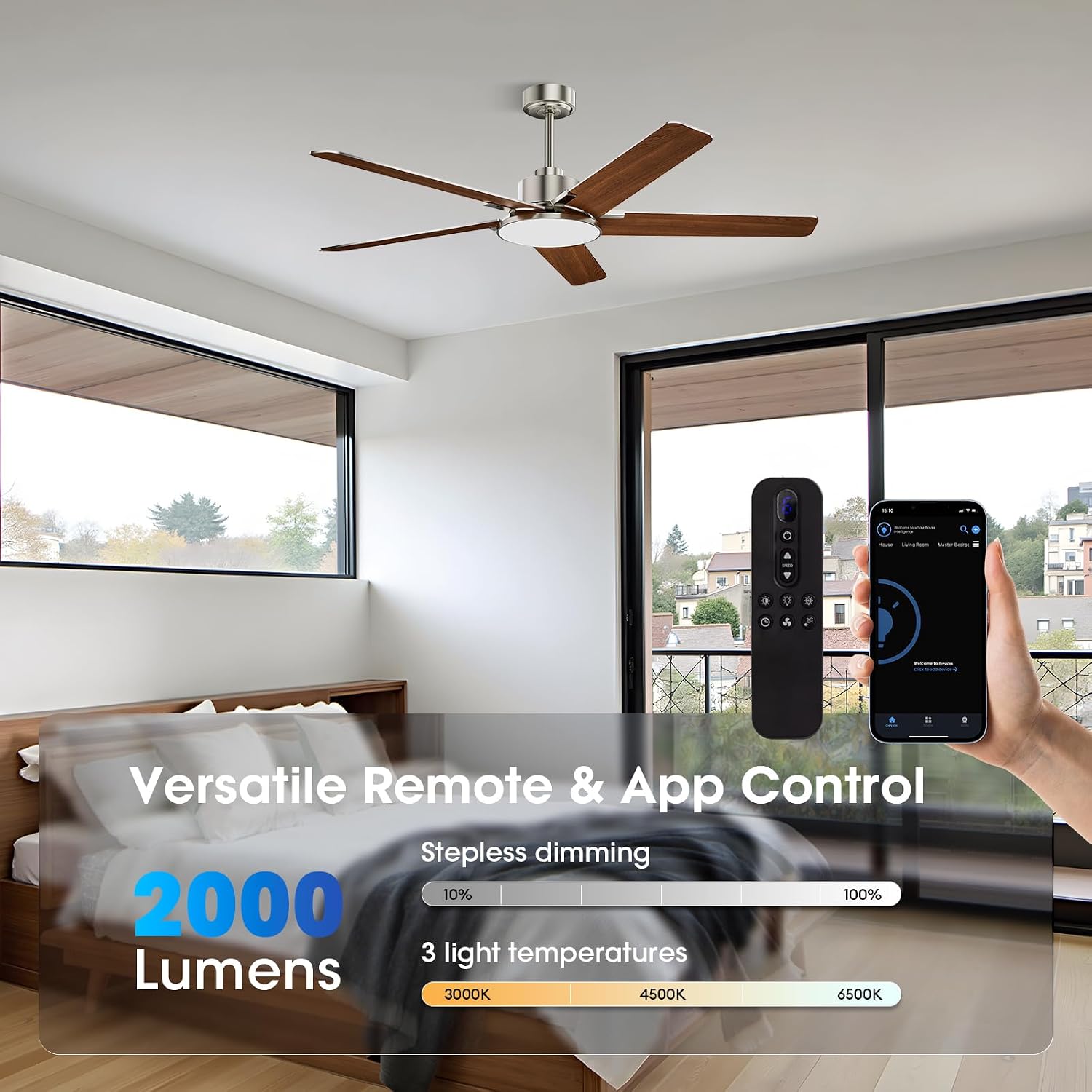 Ceiling Fans with Lights and Remote Control, 52 Inch Modern Ceiling Fan with 3CCT Dimmable LED, 6 Speeds, Quiet Reversible DC Motor, Timer, Nickel Ceiling Fan for Living Room, Kitchen, Outdoor Patio