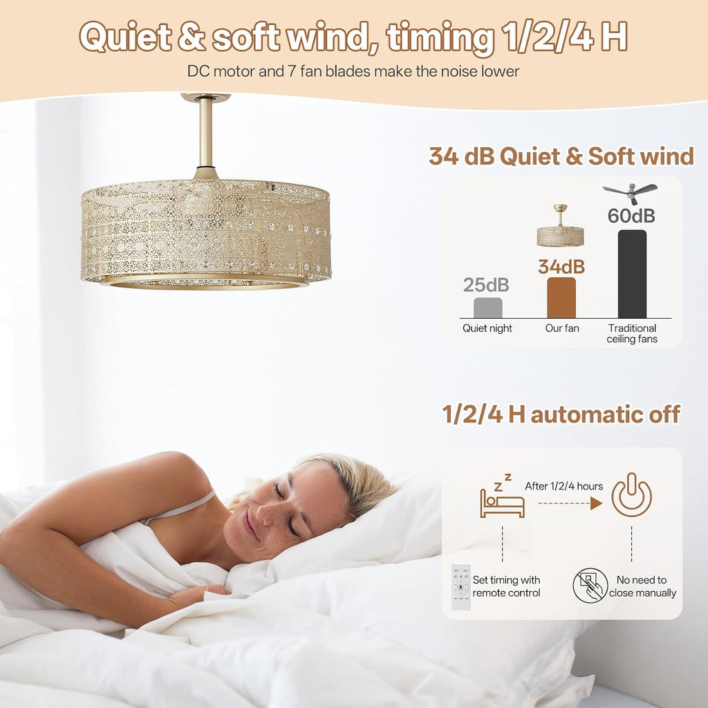 20' Gold Fandelier Ceiling Fan with Lights, Mid Century Gold Caged Ceiling Fans with Lights and Remote, Crystal with 6 Speeds for Bedroom, Living Room, Kitchen