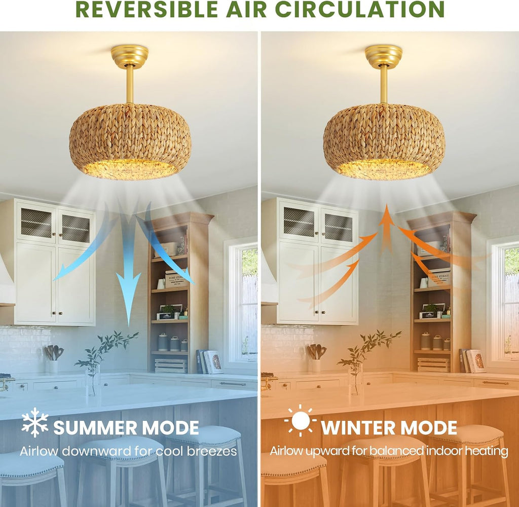 17.7' Caged Rattan Ceiling Fans with Lights, Boho Flush Mount Ceiling Fan with Light, Low Profile Chandelier 6 Speed Bladeless Reversible Ceiling Fan for Living Room Bedroom kitchen island dining room