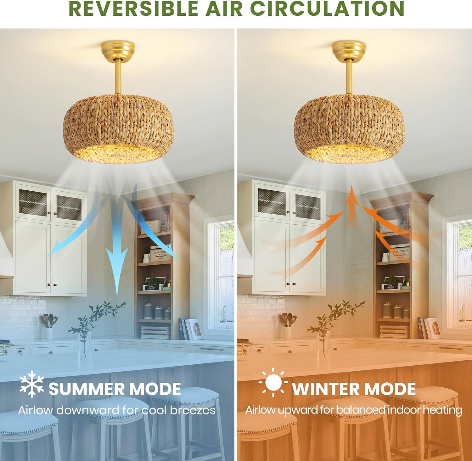 17.7' Caged Rattan Ceiling Fans with Lights, Boho Flush Mount Ceiling Fan with Light, Low Profile Chandelier 6 Speed Bladeless Reversible Ceiling Fan for Living Room Bedroom kitchen island dining room