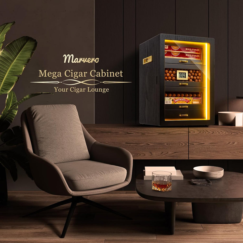 Cigar Humidor, Desktop Humidor Cabinet Triple-Sided Light with Digital Hygrometer, Humidifier and Humidity Packs. 4 Cedar Wood Drawers, Cigar Humidor Box can Hold 200 Cigars,Present for Men