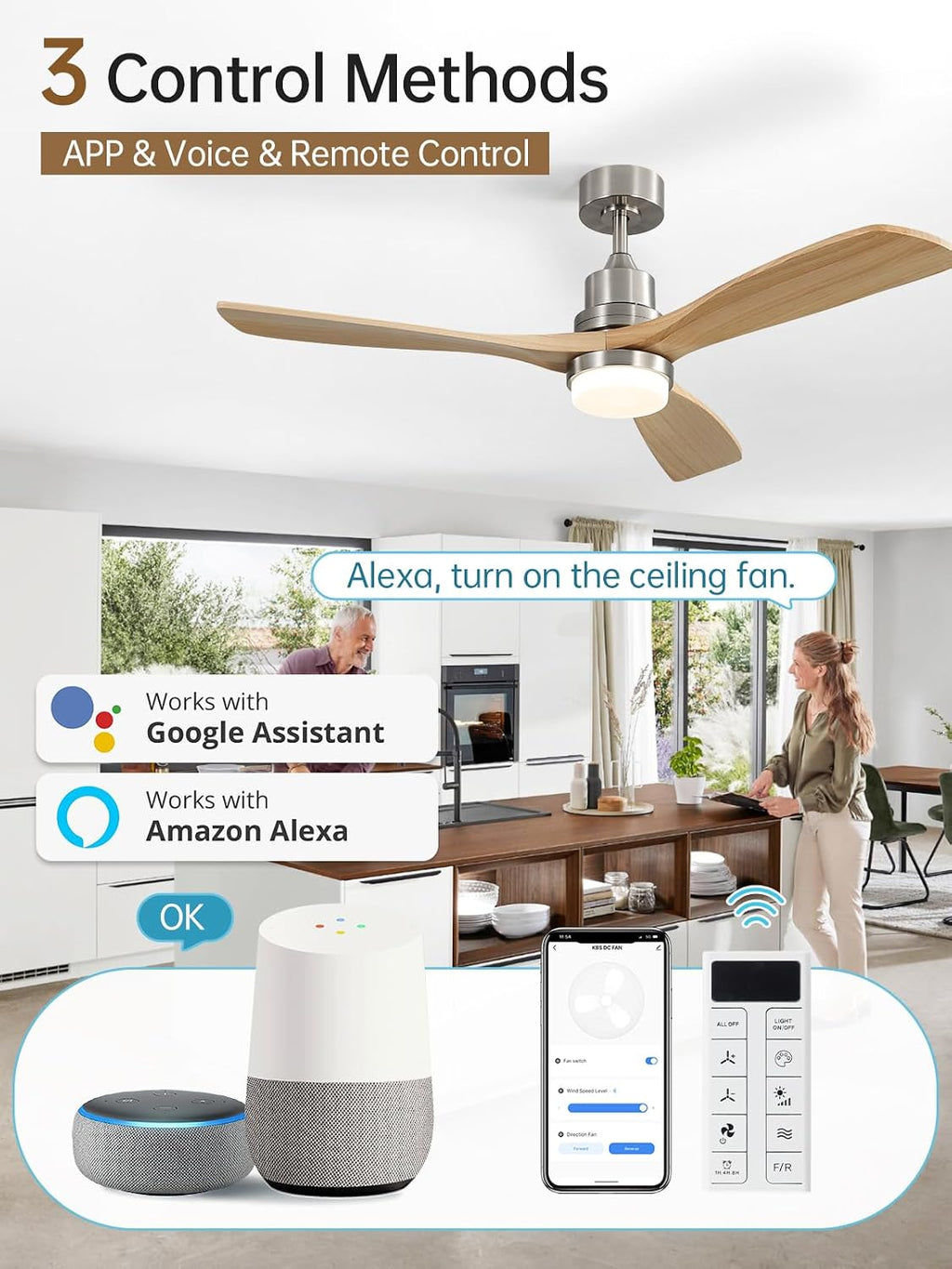 Sofucor 52 Inch Smart Ceiling Fans with Lights and Alexa/Google Assistant/APP/Remote Control-Modern Outdoor 3 Solid Wood Blades Ceiling Fan for Bedroom Living Room Patio, Sandy Nickel&Natural Wood