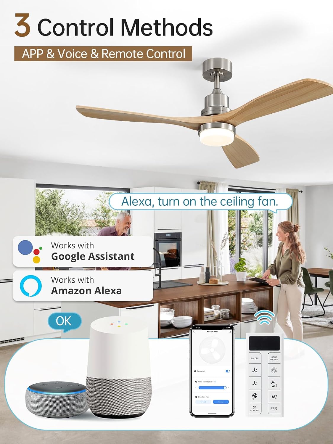 Sofucor 52 Inch Smart Ceiling Fans with Lights and Alexa/Google Assistant/APP/Remote Control-Modern Outdoor 3 Solid Wood Blades Ceiling Fan for Bedroom Living Room Patio, Sandy Nickel&Natural Wood