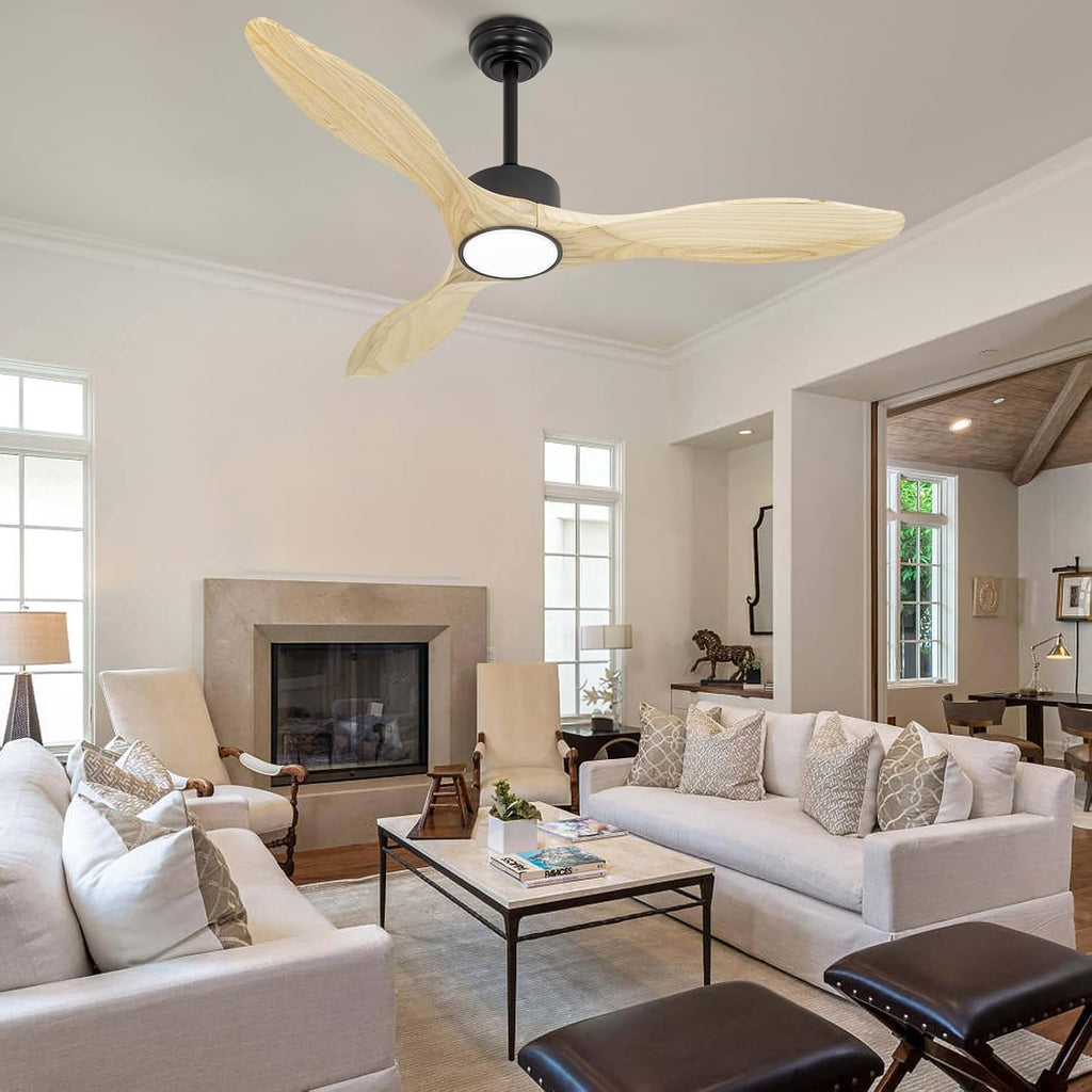 52 inch Ceiling Fans with Lights and Remote, 3 Natural Wood Blades, Modern Indoor/Outdoor Ceiling Fan for Living Room Bedroom Farmhouse Patio, 6 Speeds, Dimmable, Noiseless Reversible DC Motor