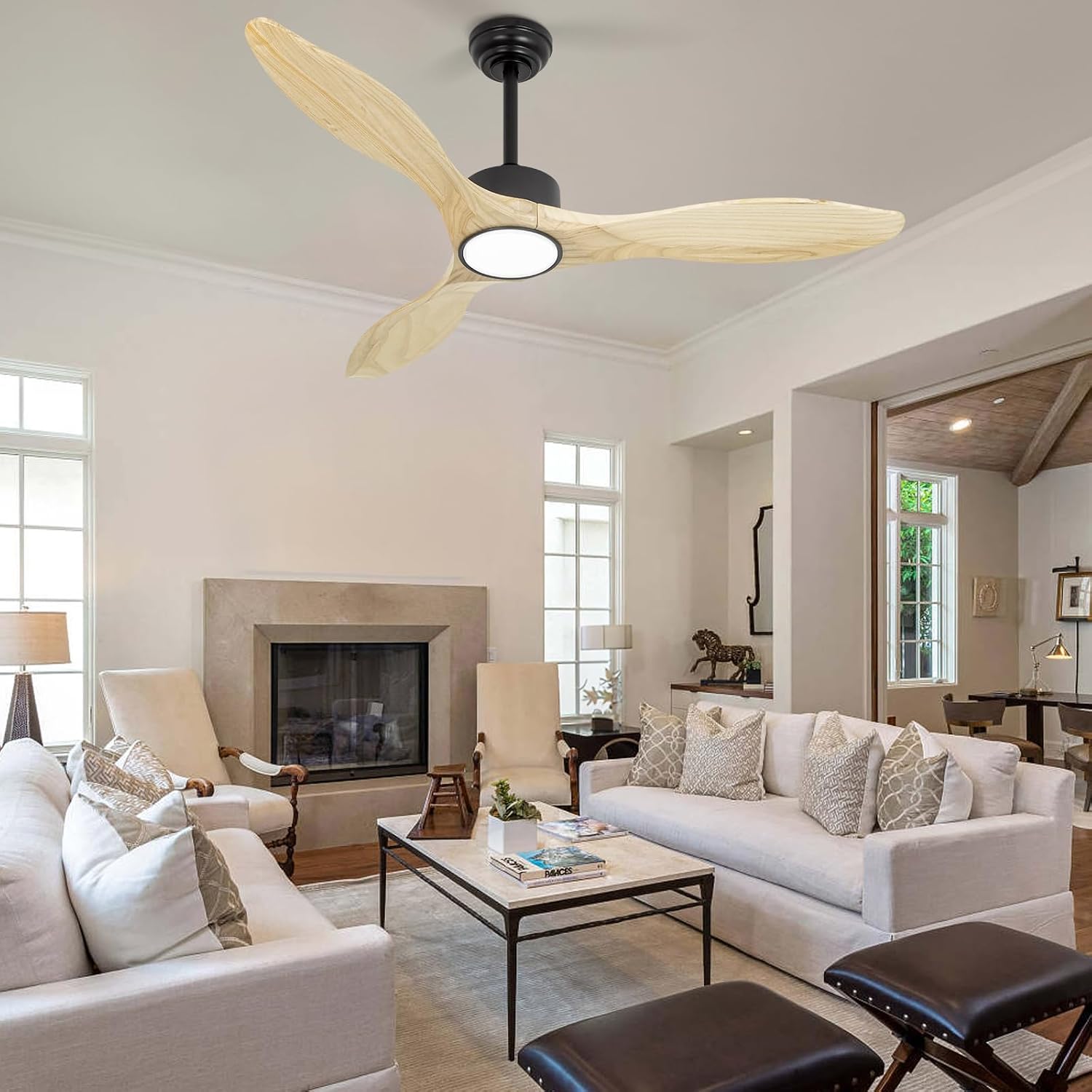 52 inch Ceiling Fans with Lights and Remote, 3 Natural Wood Blades, Modern Indoor/Outdoor Ceiling Fan for Living Room Bedroom Farmhouse Patio, 6 Speeds, Dimmable, Noiseless Reversible DC Motor