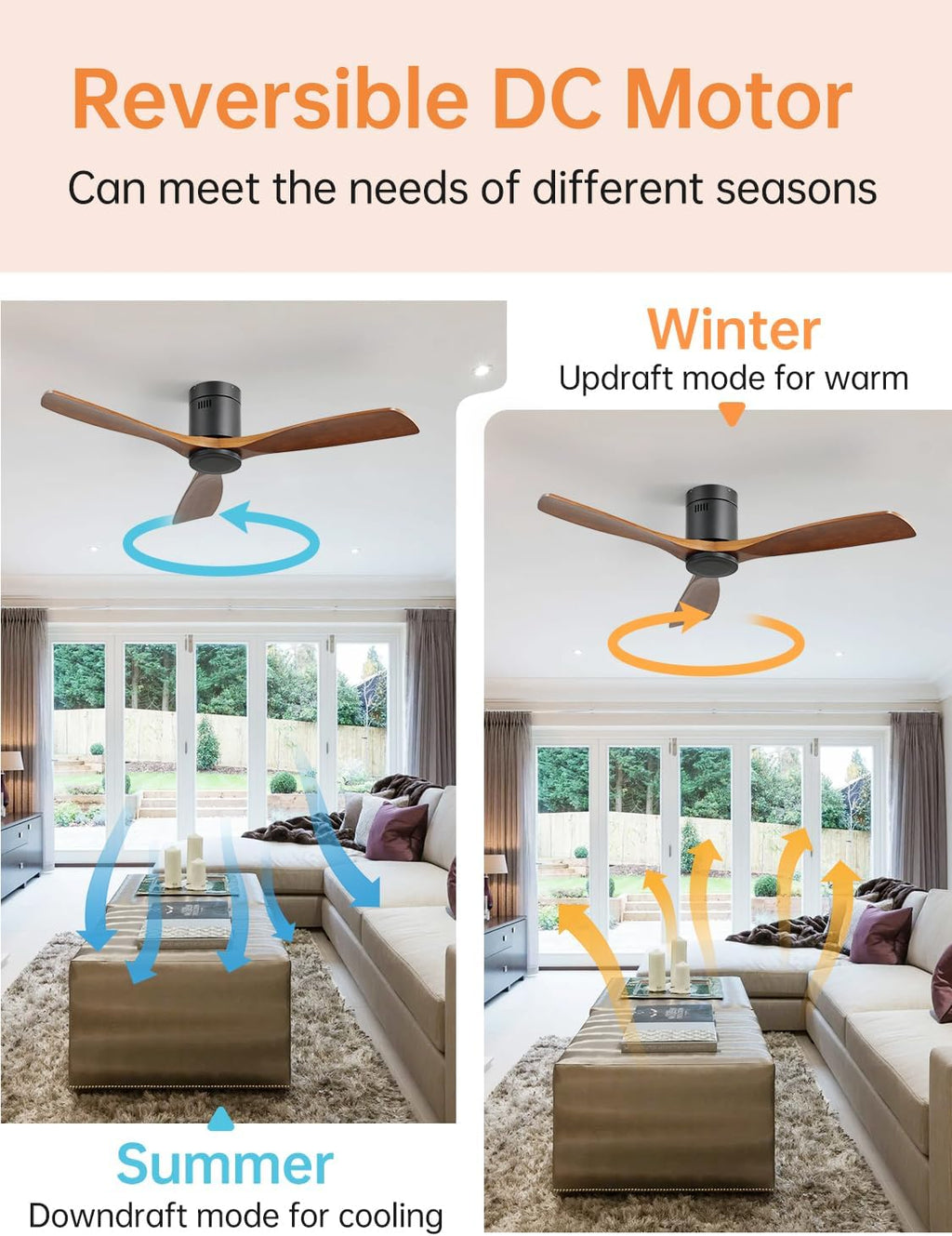 Sofucor Ceiling Fan no Lights, 52 Inch Low Profile Flush Mount Wood Ceiling Fan with Remote for Indoor Farmhouse Bedroom Living Room Outdoor Patio Porch, 3 Blades, Reversible DC Motor, Noiseless