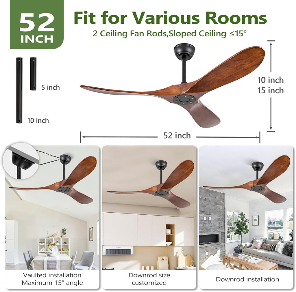 52 Inch Walnut Outdoor Ceiling Fan No Light, Solid Wood Ceiling Fans Without Lights, Mid-sized Modern 3 Blade Quiet Dc Ceiling Fans For Slanted Ceilings, Rustic Wood Ceiling Fan For Garage