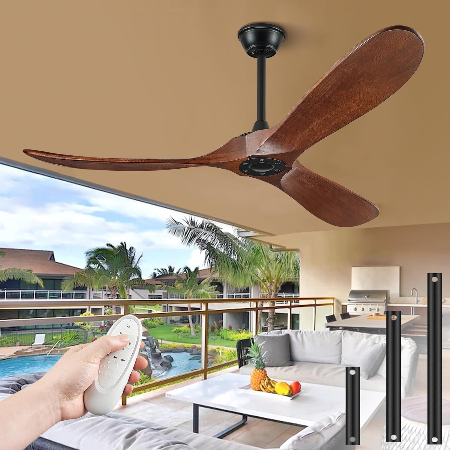 52' Ceiling Fans Without Lights, Solid Wood Ceiling Fan with Remote Control and DC Motor, Ceiling Fan no Light with 3 Blades, Indoor Outdoor Ceiling Fans for Patios, Bedroom- Dark Walnut