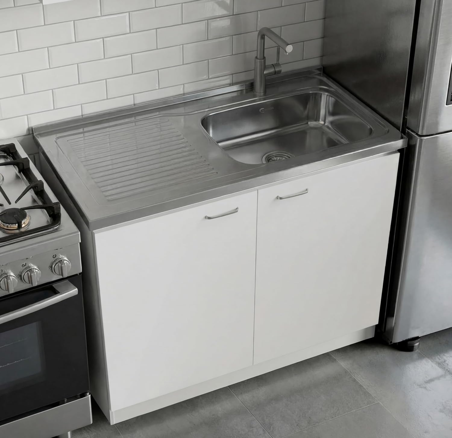 DEPOT E-SHOP Salento Utility Freestanding Sink with Cabinet 35.4' H x 39.3' W - Double Door, Two Shelves, Metal Handles, Aluminum Countertop, White, with Integrated Steel Sink