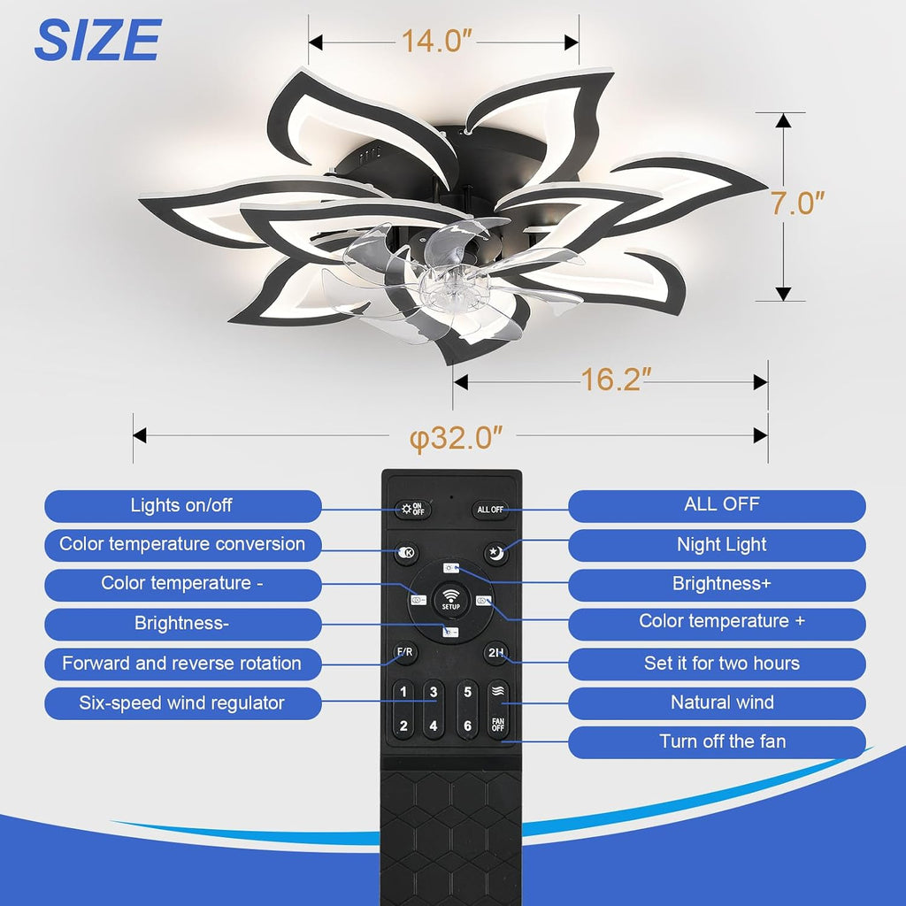 32' Black Flower Ceiling Fan with Lights Remote Control, Modern LED Low Profile Flush Mount Ceiling Fan with Light for Kitchen Bedroom Living Room