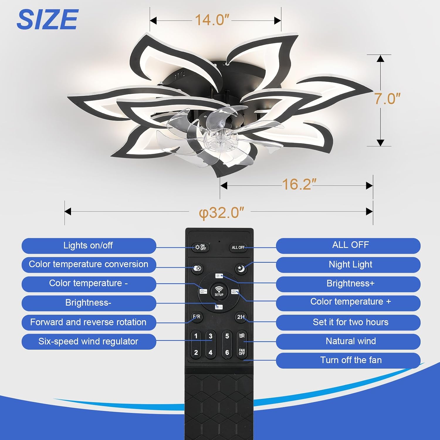 32' Black Flower Ceiling Fan with Lights Remote Control, Modern LED Low Profile Flush Mount Ceiling Fan with Light for Kitchen Bedroom Living Room