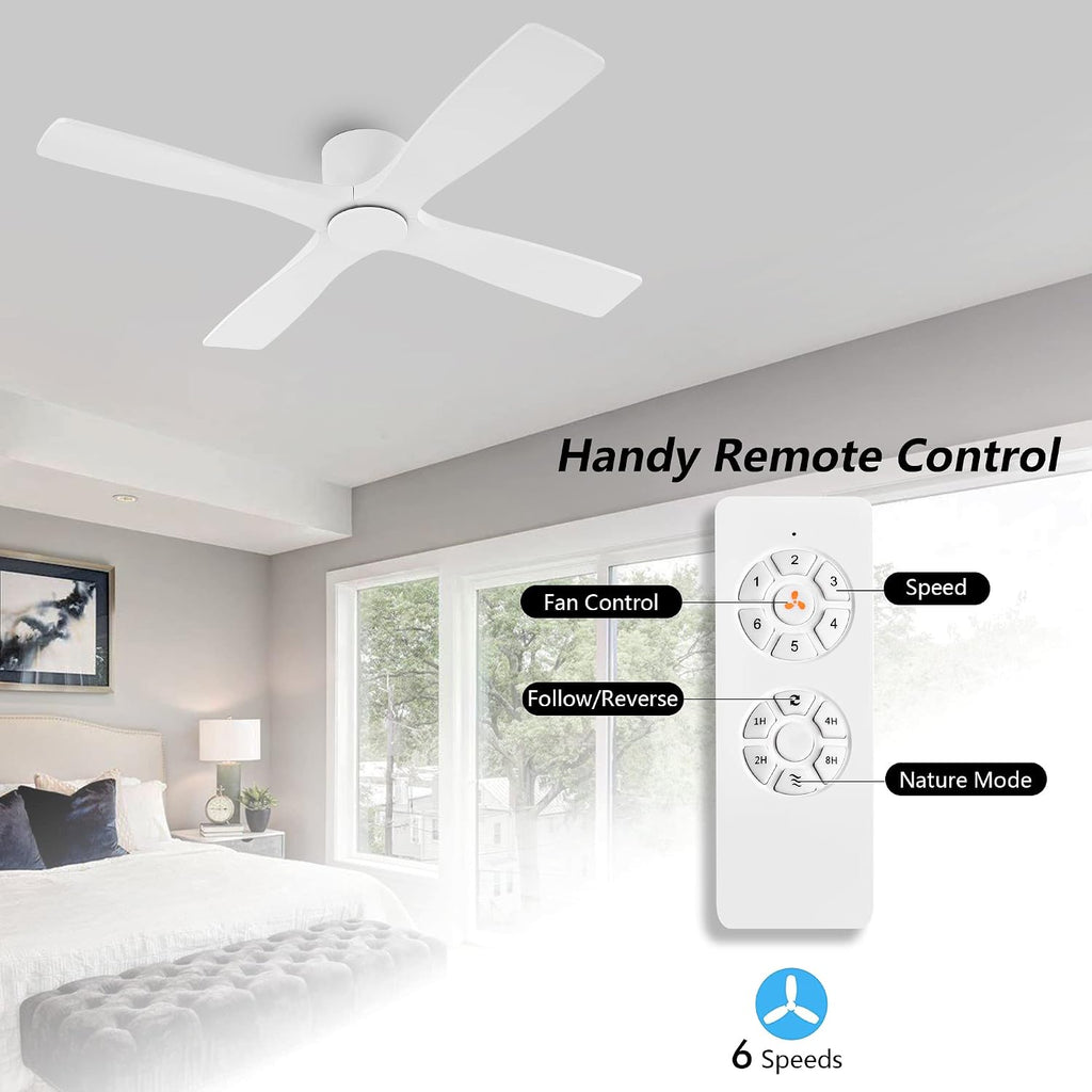 WINGBO 60 Inch Flush Mount DC Ceiling Fan without Lights, 4 Reversible Carved Wood Blades, 6-Speed Noiseless DC Motor, Hugger Ceiling Fan No Lights in Gloss White with White Blades