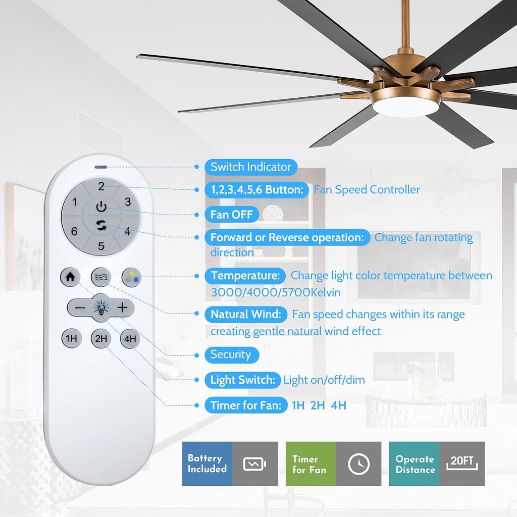 Parrot Uncle Ceiling Fans with Lights 65 Inch Large Ceiling Fan with LED Light and Remote Control Outdoor Ceiling Fans for Patios, Antique Gold, 1 Piece
