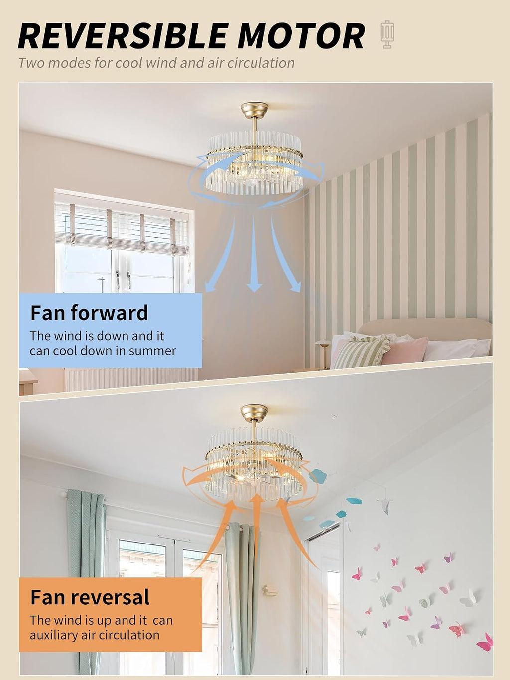 SYDACG 20' Gold and Clear Crystal Fandelier Ceiling Fan with Light, Mid-Century Chandelier Ceiling Fan with Light Remote Control, 6 Speeds for Bedroom, Nursery, Living Room