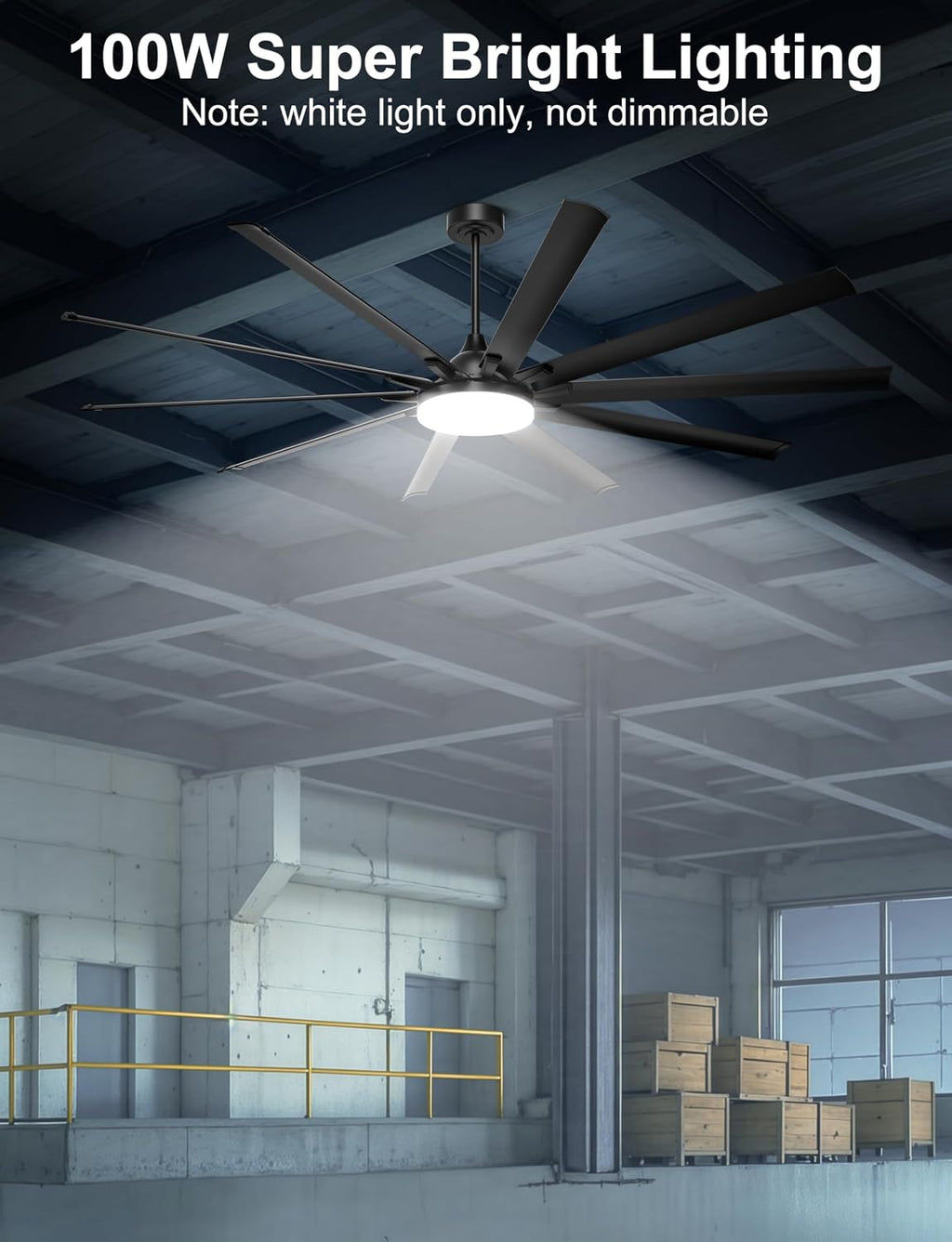 Ohniyou 96'' Industrial Ceiling Fan with Bright Lights - Remote/APP Control, High CFM, Extra Large Shop Ceiling Fan for Covered Outdoor Patio, Gym, Black