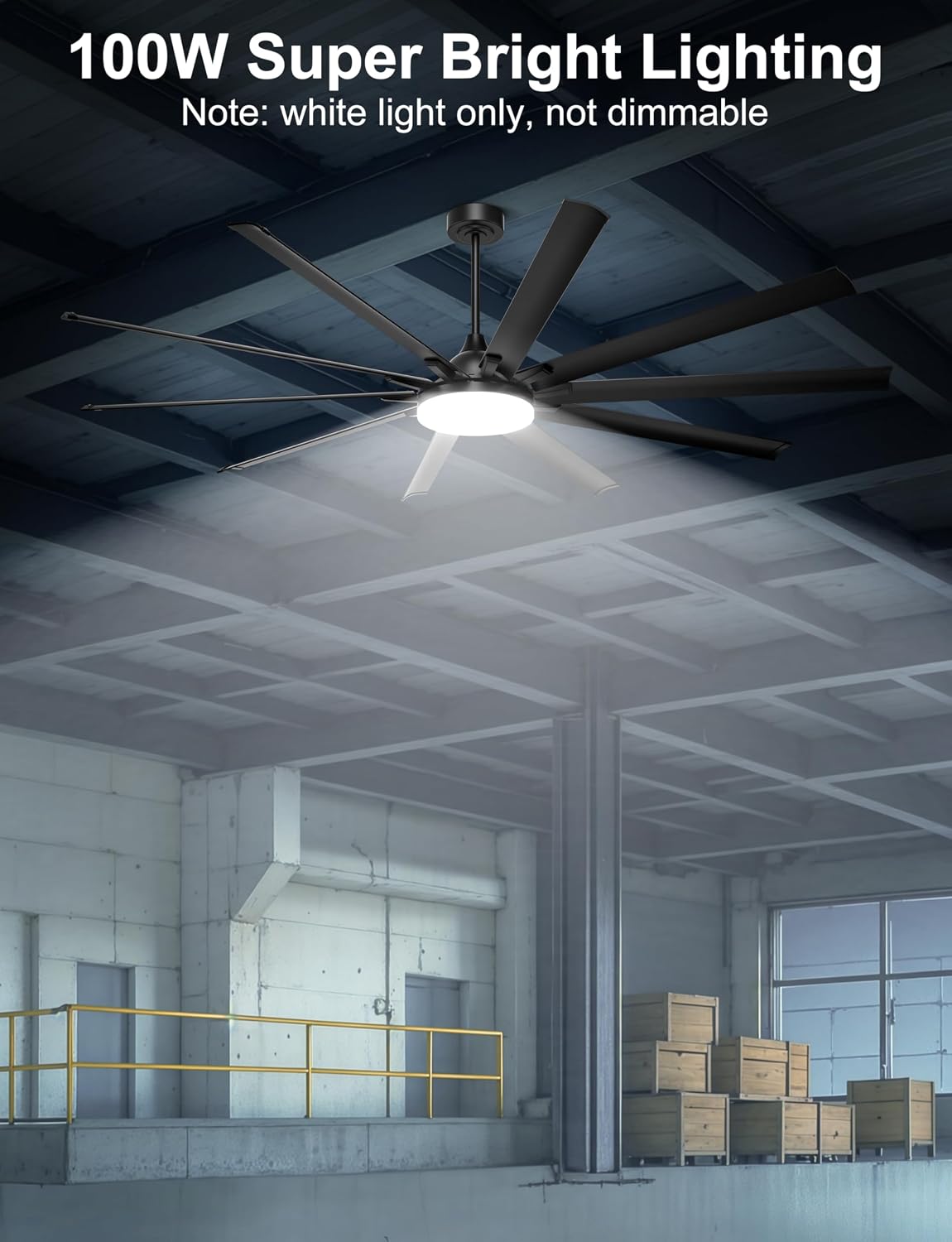 Ohniyou 96'' Industrial Ceiling Fan with Bright Lights - Remote/APP Control, High CFM, Extra Large Shop Ceiling Fan for Covered Outdoor Patio, Gym, Black