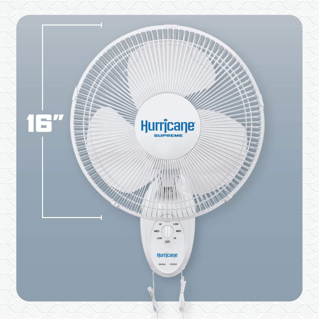 Hurricane 16' Supreme Oscillating Wall Mount Fan w/ 3 Quiet Speeds, White - Corded Electric Air Cooling Unit w/ Easy Pull Cord Controls for Homes, Greenhouses, Garages, Workshops & Gyms